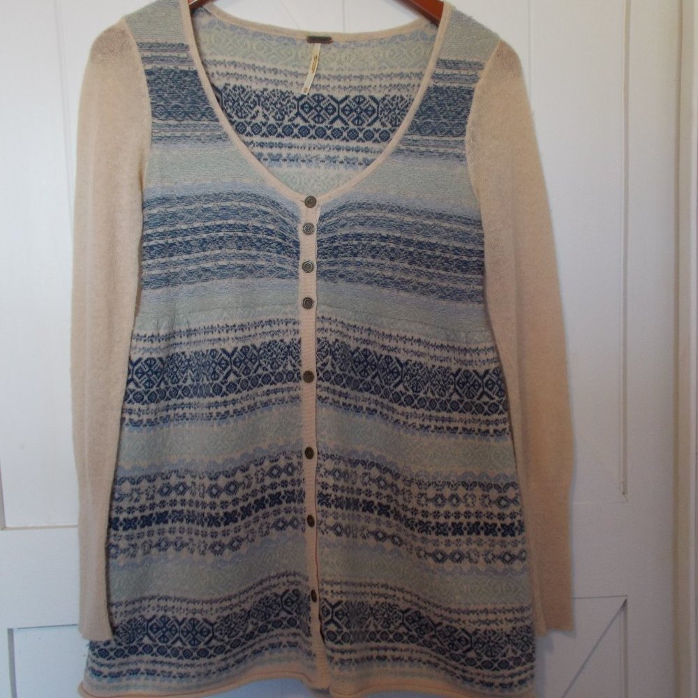 Free People Button Down Boho Long Tunic Knit Sweater Cardigan Women's Size XS